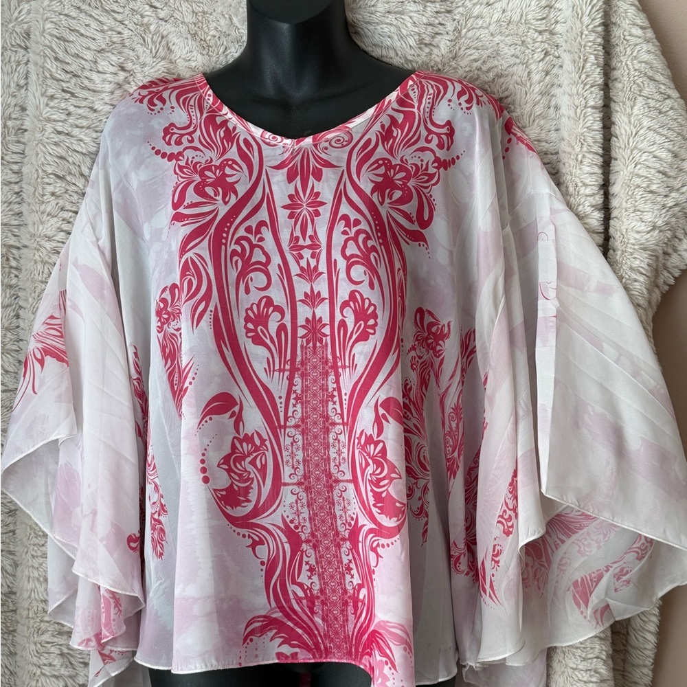 Moa Moa Pink & White Printed Sheer Flowing Tunic